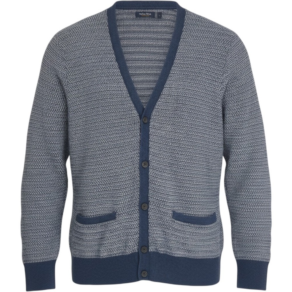 Nautica Mens Varsity Cardigan L Textured Knit Pockets V Neck Sweater Blue Cotton